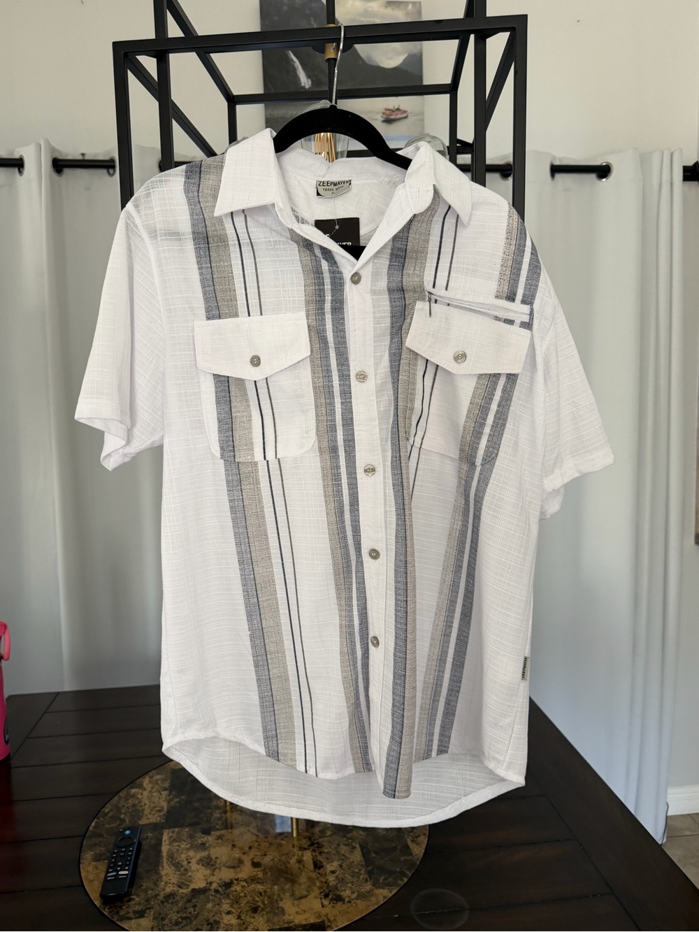 Men's Striped Short-Sleeve Button-Down Shirt - White and Gray